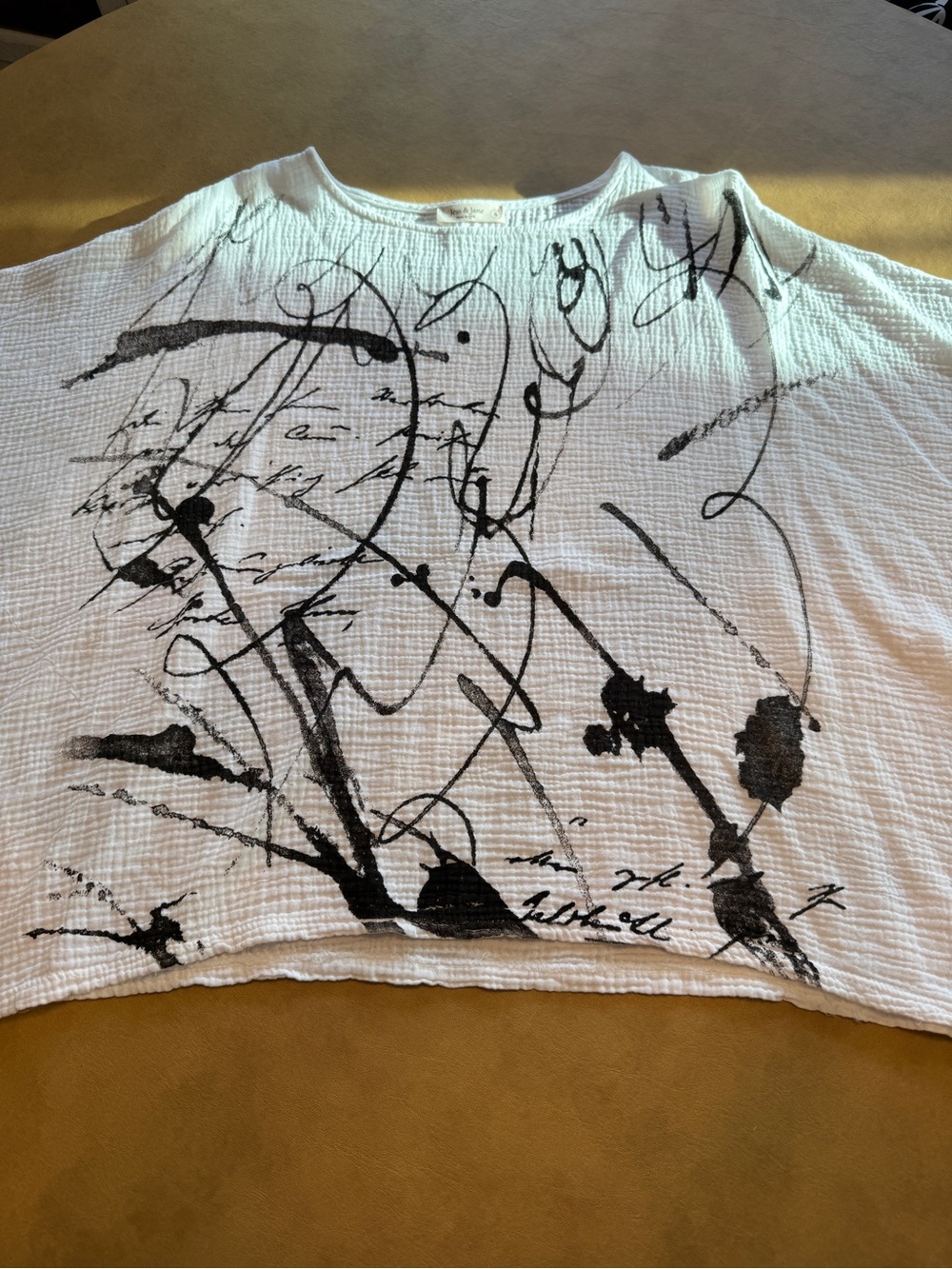 White Short-Sleeve Women's Top with Black Abstract Print